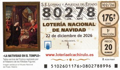 Anverso del d&eacute;cimo 80278 de la Loter&iacute;a de Navidad 2026, de Almendralejo (Badajoz)